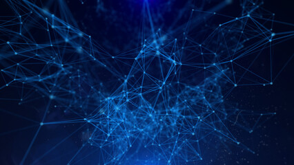 Abstract technology of low poly triangle shape with dots and lines network dynamic on blue cyber space illustration background.