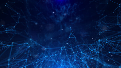 Abstract technology of low poly triangle shape with dots and lines network dynamic on blue cyber space illustration background.