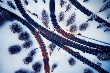 Snow covered trees and road line, aerial drone photo.