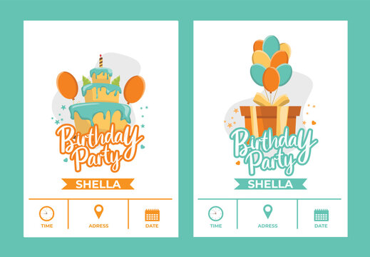 Invitation card with concept of cake, balloon, gift box, happy birthday vector illustration and pink background.