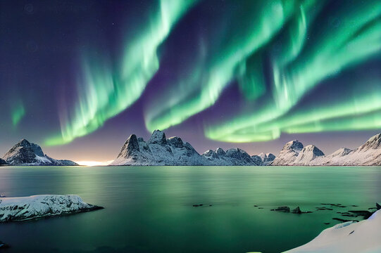 Aurora borealis on the Lofoten islands, Norway. Green northern lights above mountains. Night winter landscape with aurora. Natural background in the Norway