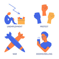 Economic crisis effects flat icon set