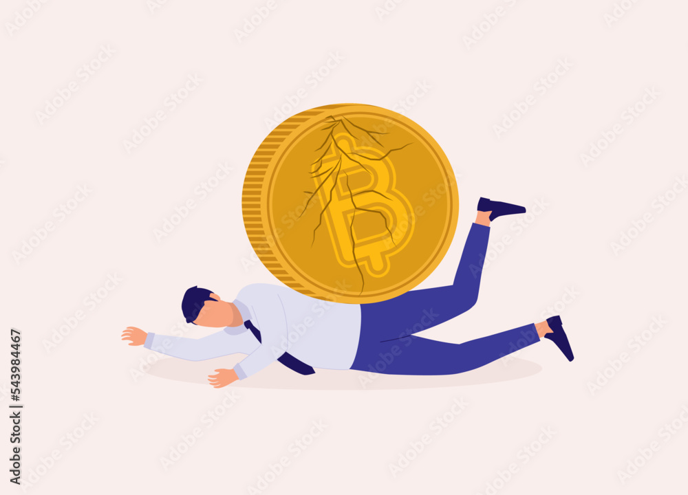 Poster concept of bitcoin crashes. businessman being crushed by a large broken bitcoin. full length. flat d