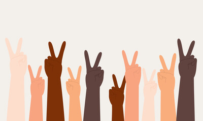 Group Of Diverse Hands With Peace Sign. Close-Up. Flat Design Style, Character, Cartoon. Close-Up. Flat Design Style, Character, Cartoon.
