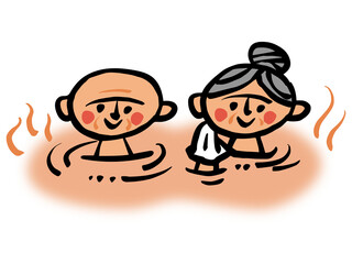 温泉に入るシニアのカラーイラスト
