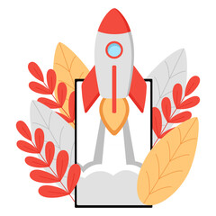 Product launch. Startup business, startup. Presentation of a commercial project. Search for investors, investment fund. The rocket flies from the phone screen. New company. Entrepreneurship.
