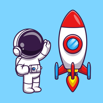 Astronaut Waving Hand to Rocket Cartoon Vector Icon 
Illustration. Science Technology Icon Concept Isolated 
Premium Vector. Flat Cartoon Style