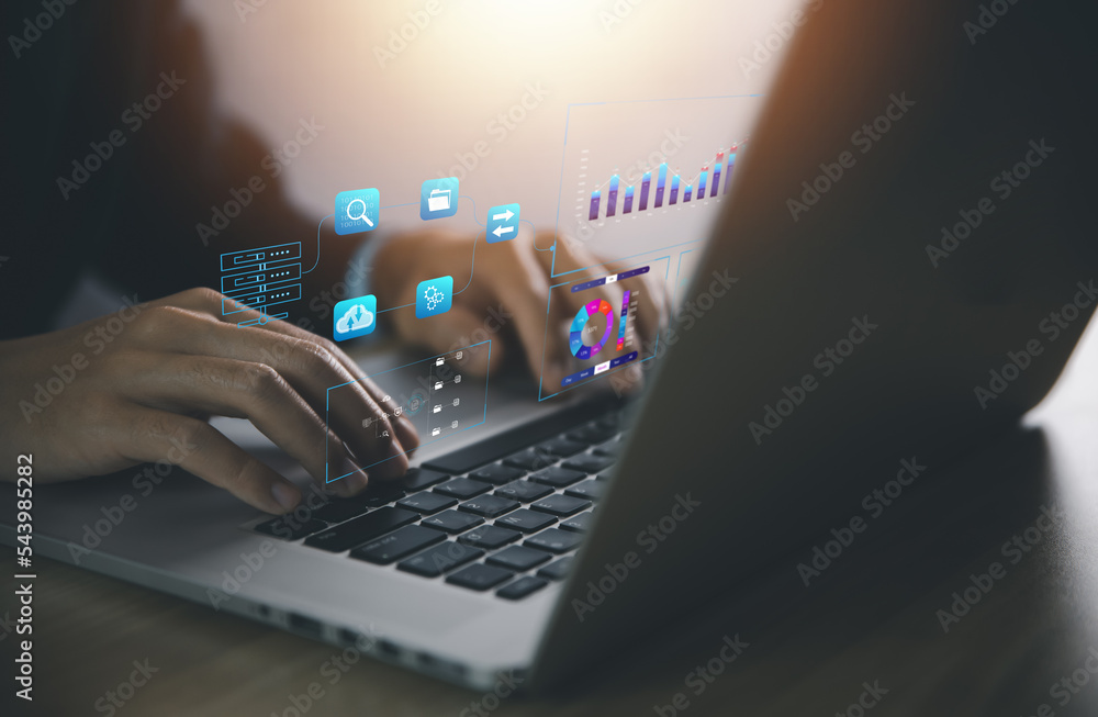 Fototapete expert analysts are analyzing the data. with virtual graph charts analytics and data management syst