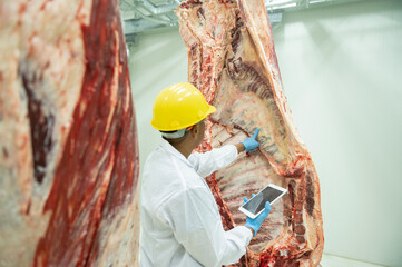 A wagyu butcher holding a tablet, inspects the parts, counts the stock of Japanese wagyu beef. hanging in the cold room