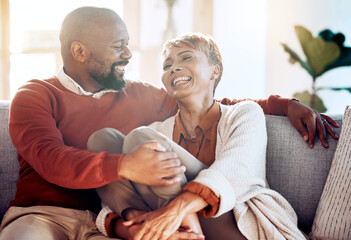 Relax, happy and love with black couple on sofa for retirement, support and smile together....