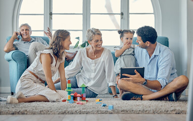 Family, love and digital tablet on floor with baby, parents and grandma bond, play and relax in...