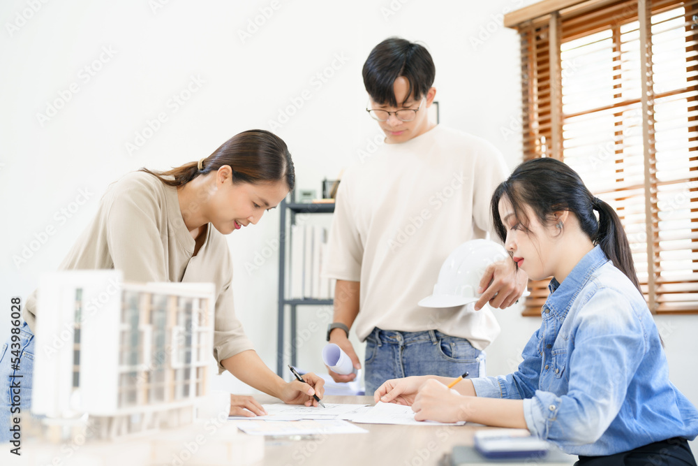 Poster engineering construction concept, engineers team point blueprint of building to discussing together
