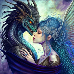 Naklejka premium woman kissing dragon man