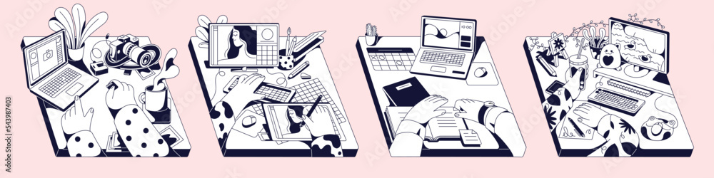 Poster creative workplaces set. laptop computers on desk with hands during work. pc screens on tables, work