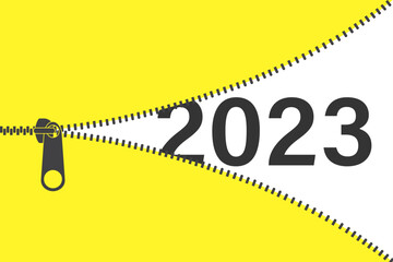 Opening zipper and happy new 2023 year coming soon. Cartoon yellow and black banner, template with place for text. New year idea concept. Clothing zipper and xmas signs. © naum