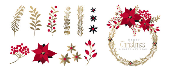 Set of Christmas floral wreath with winter flowers, branches, berries.