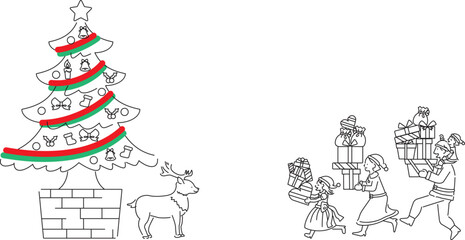 クリスマスツリーの下で待つトナカイにプレゼントを届けるサンタファミリー