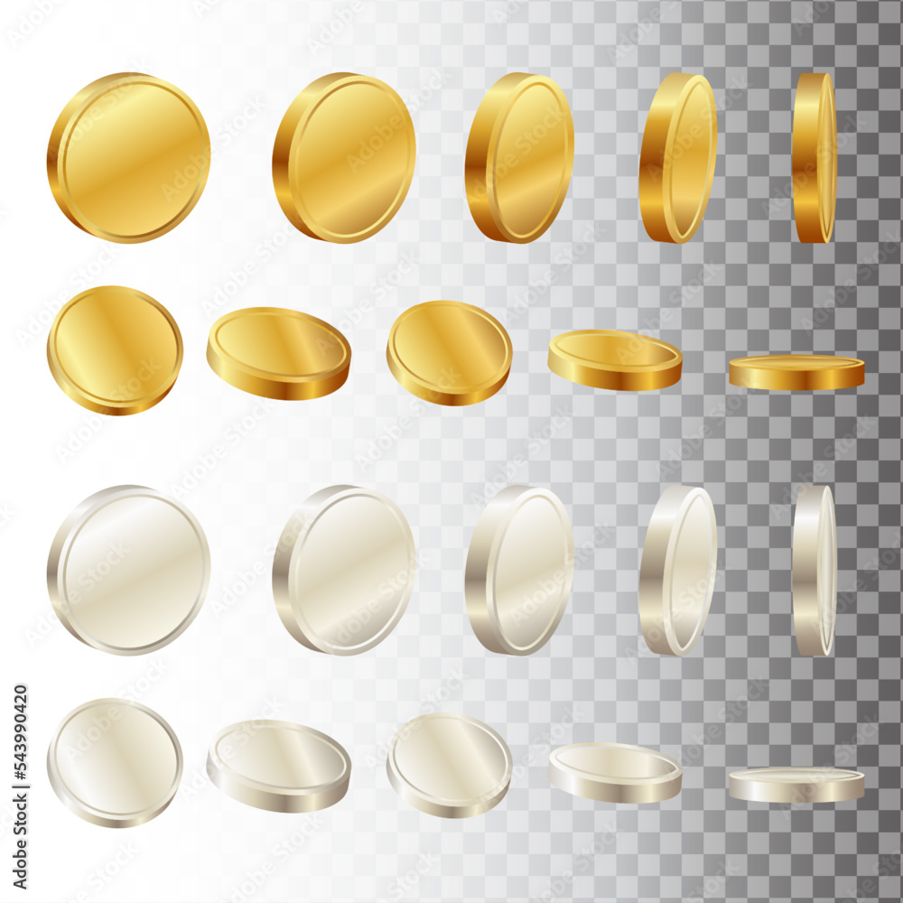 Poster realistic 3d gold and silver coins with multi-sided and rotating view