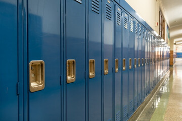 Photo of a blue metal lockers along a nondescript hallway in a typical US High School. No...