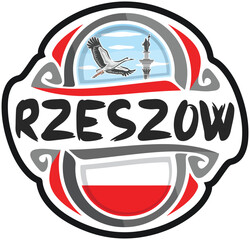 Rzeszow Poland Flag Travel Souvenir Sticker Skyline Landmark Logo Badge Stamp Seal Emblem Coat of Arms Vector Illustration SVG EPS