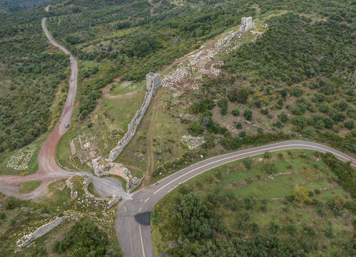 Aerial view of the ancient city walls of Messene a rival and vasal state to Sparta in ancient Greece