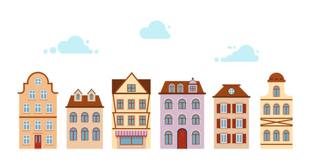 Set House icon. Old street european town. Urban landscape. retro home cartoon.