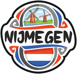 Nijmegen Netherlands Flag Travel Souvenir Sticker Skyline Landmark Logo Badge Stamp Seal Emblem Coat of Arms Vector Illustration SVG EPS