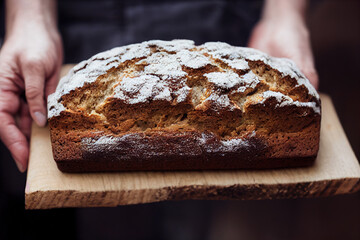 hands holding a loaf of bread on a wood board