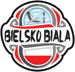 Bielsko Biala Poland Flag Travel Souvenir Sticker Skyline Landmark Logo Badge Stamp Seal Emblem Coat of Arms Vector Illustration SVG EPS