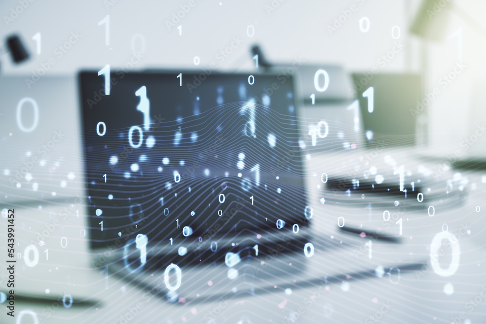 Leinwandbilder creative abstract binary code hologram on modern computer background, ai and machine learning concep