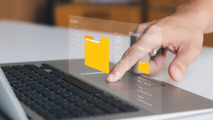 Document management system concept, business man holding folder and document icon software,...