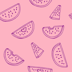 watermelon seamless pattern. hand drawn vector illustration in doodle style. minimalism. wallpaper, textile, wrapping paper, background. juicy, fresh, fruits, summer, food.