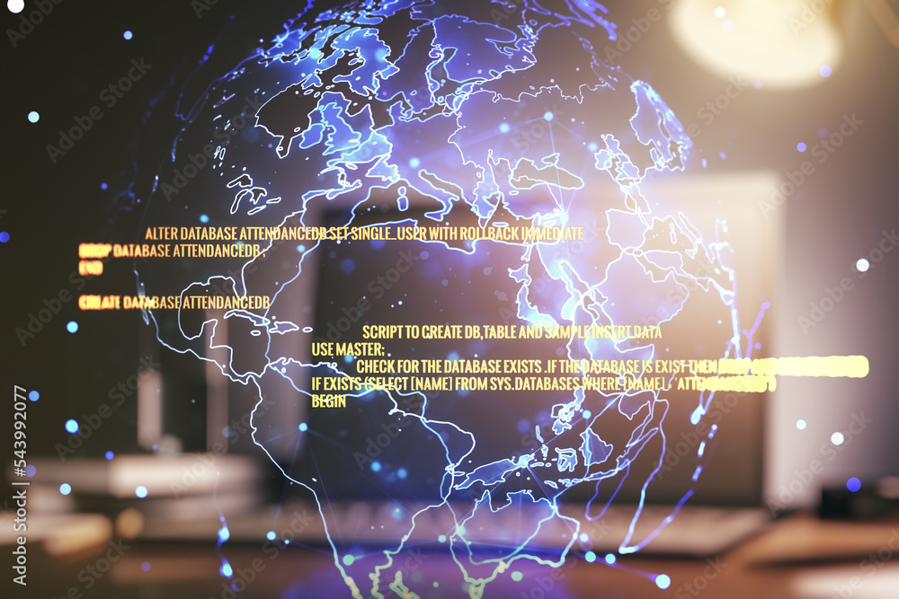 Poster double exposure of abstract creative programming illustration with world map on computer background,