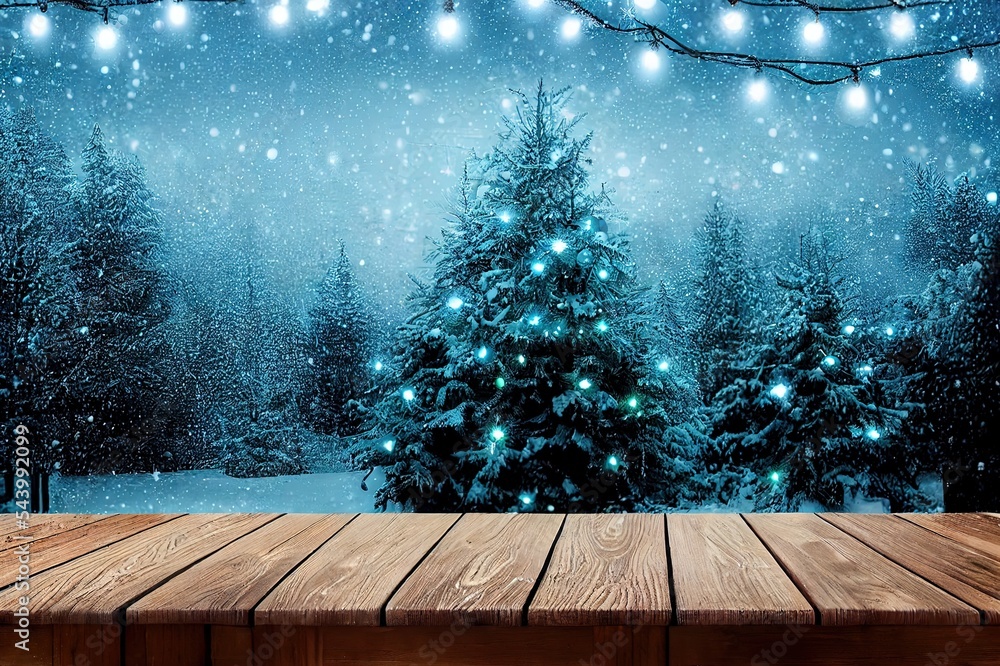 Sticker OLD WOODEN TABLE ON BLUE SNOWY BOKEH LIGHTS, NATURAL CHRISTMAS BACKDROP FOR MONTAGE OR DISPLAY WINTER PRODUCTS OR CHRISTMAS PRESENTS