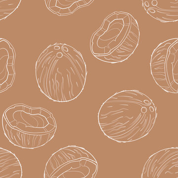 Coconuts seamless pattern. Line art vector illustration. Healthy food background.