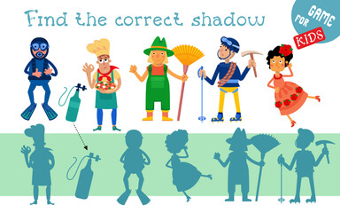 Find correct shadow. Puzzle game for children. Activity, vector illustration. Cute characters from different professions in cartoon style. 