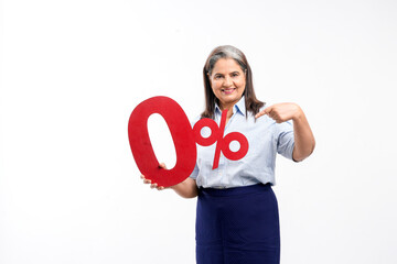 Indian woman showing zero percent sign on white background.