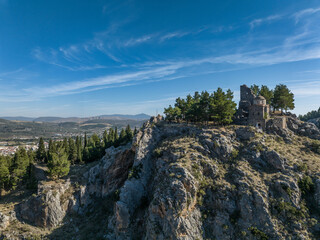 Fototapeta na wymiar Aerial view of Levadia castle in Greece with blue cloudy sky