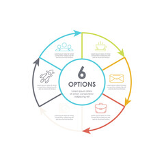 Outline round infographic element. Circle template 6 steps with arrows. Vector illustration