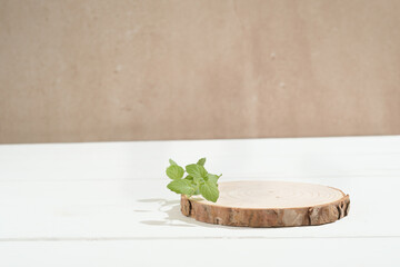 empty stage with wooden podium decorated with mint leaves. product promotion display. abstract...