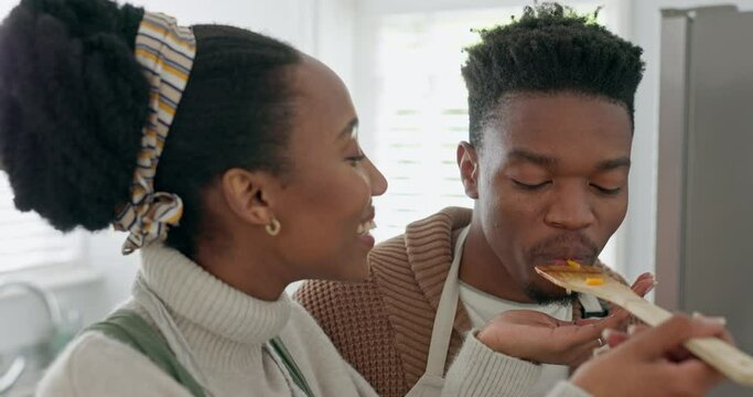 Cooking Food, Love And Couple Taste Vegan Meal, Organic Vegetables Or Stir Fry For Lunch, Brunch Or Romantic Home Date. Health Nutritionist, Culinary And Hungry Black Woman And Man Eating In Kitchen