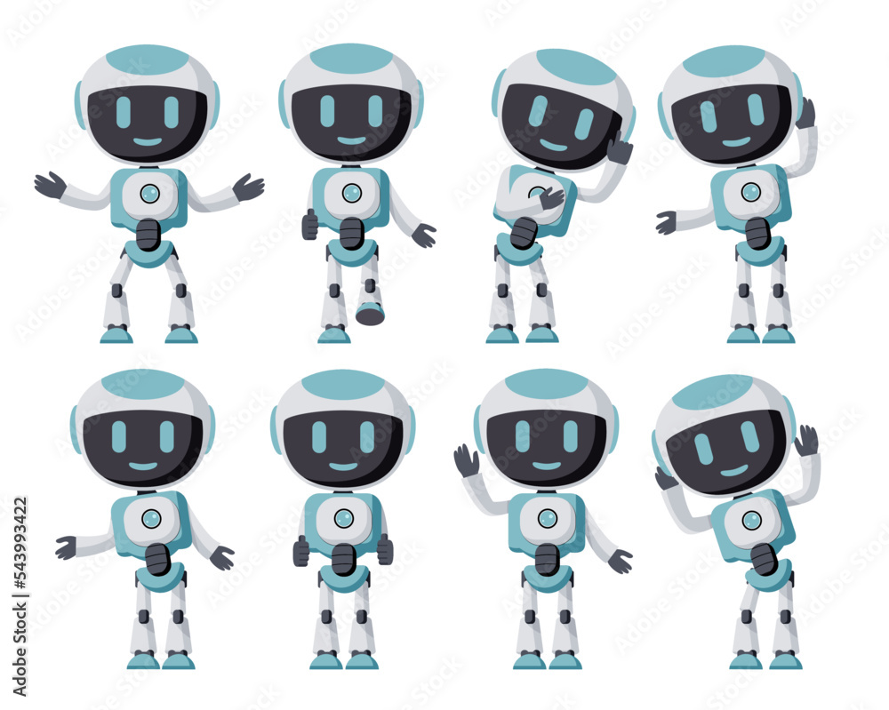 Poster robots character vector set design. robotic characters with pose and gestures of standing, waving an