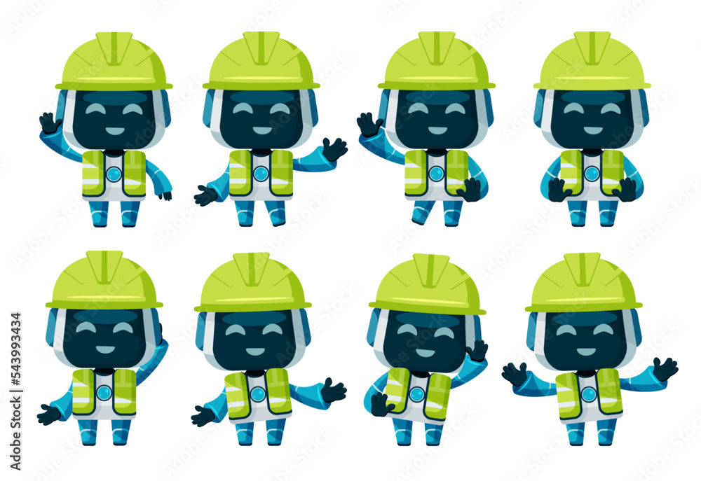 Poster robots police character vector set. police robot characters with helmet and vest with pose and gestu