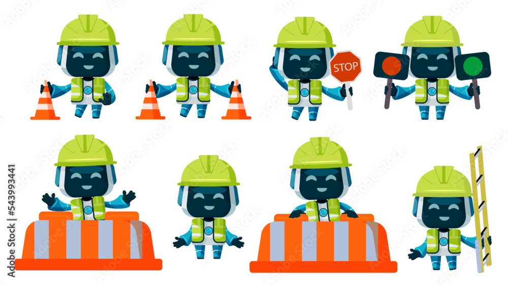 Poster police robots character vector set design. robot traffic enforcer with helmet and boxes in standing 