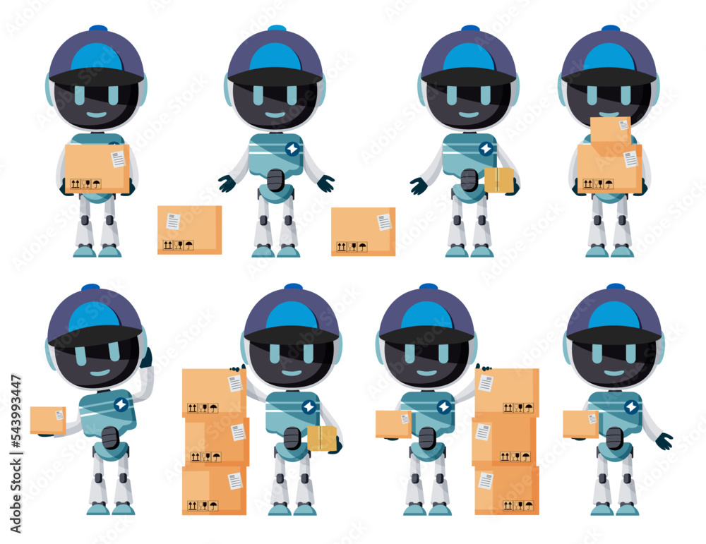 Poster robot delivery vector set design. robotic characters with helmet and boxes courier elements for arti
