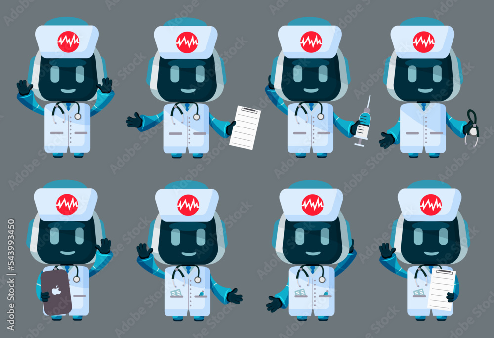Poster robot nurse characters vector set. robotic medical characters in friendly faces and uniform isolated