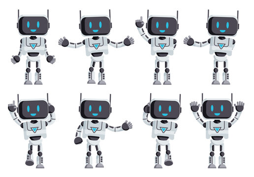 Robotic characters vector set design. Robot characters in standing pose and waving gesture isolated in white background for ai cartoon collection. Vector illustration.

