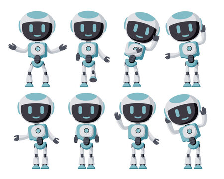 Robots character vector set design. Robotic characters with pose and gestures of standing, waving and thumbs up for artificial technology robot collection. Vector illustration.
