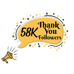 Thank you, 58K followers on speech bubble with megaphone vector design