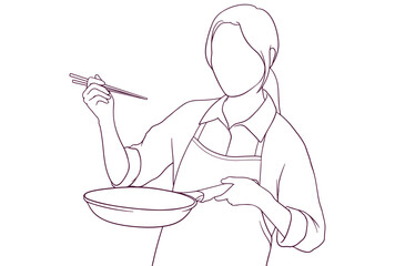 beautiful girl cooking hand drawn style vector illustration